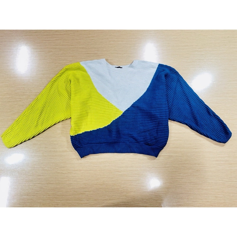 Express‎ Colorblock Large Batwing Sweater Off White, Blue, and Gold Geometric